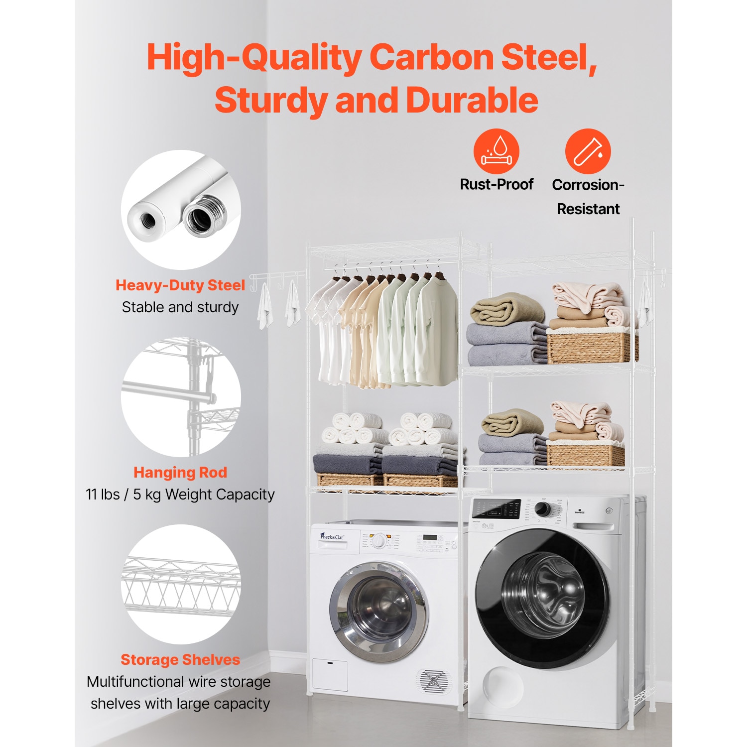 Over The Washer And Dryer Storage Shelf With Hanger Rod And Hooks_voghion.com